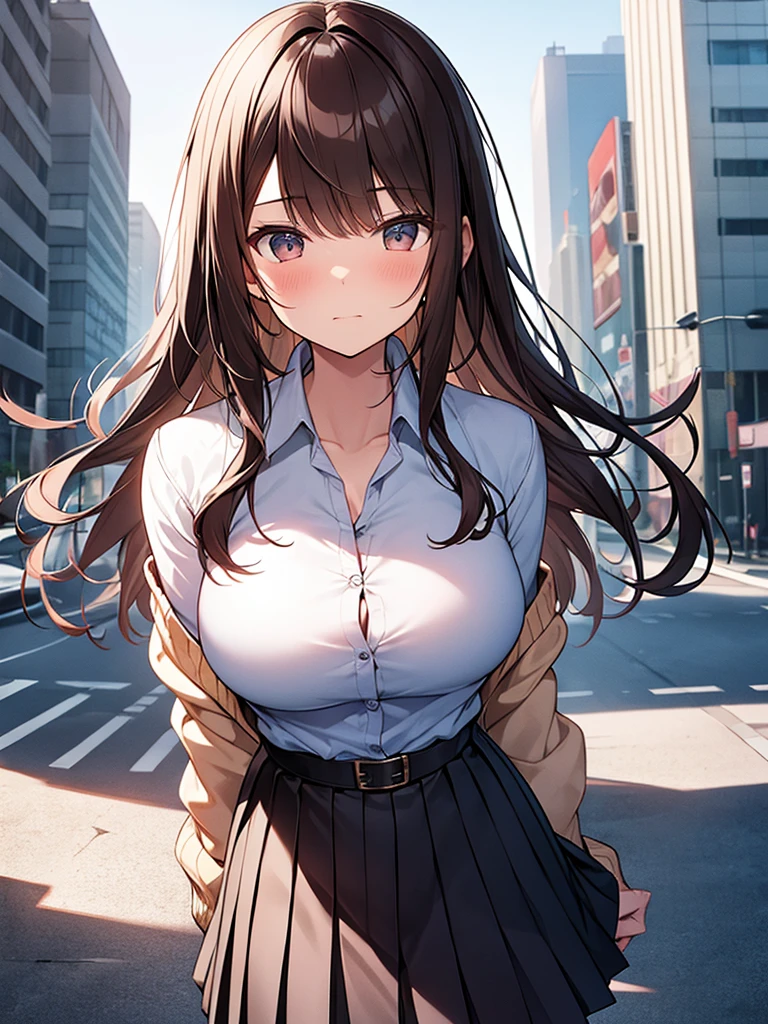 (Masterpiece, Top quality: 1.5), (1 girl, solo :1.2),  (large breasts:1.3), (Cardigan, dress shirt, Pleated skirt:1.4), standard weight, ( brown hair:1.4), (airy hair, wavy hair:1.3), long hair ,asymmetry bangs, swept bangs, , angry, (flustered:1.3), beautiful scene of street , dynamic pose, magnificent panorama view