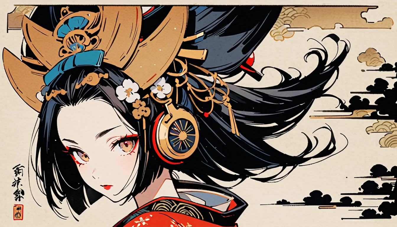 Ink Painting, (((1 girl))), (((Oiran))), (((Gorgeous hair accessories))), Japanese style headphones, face close-up, Japanese Beauty, Black Hair, Delicate and precise, Modern ukiyo-e style