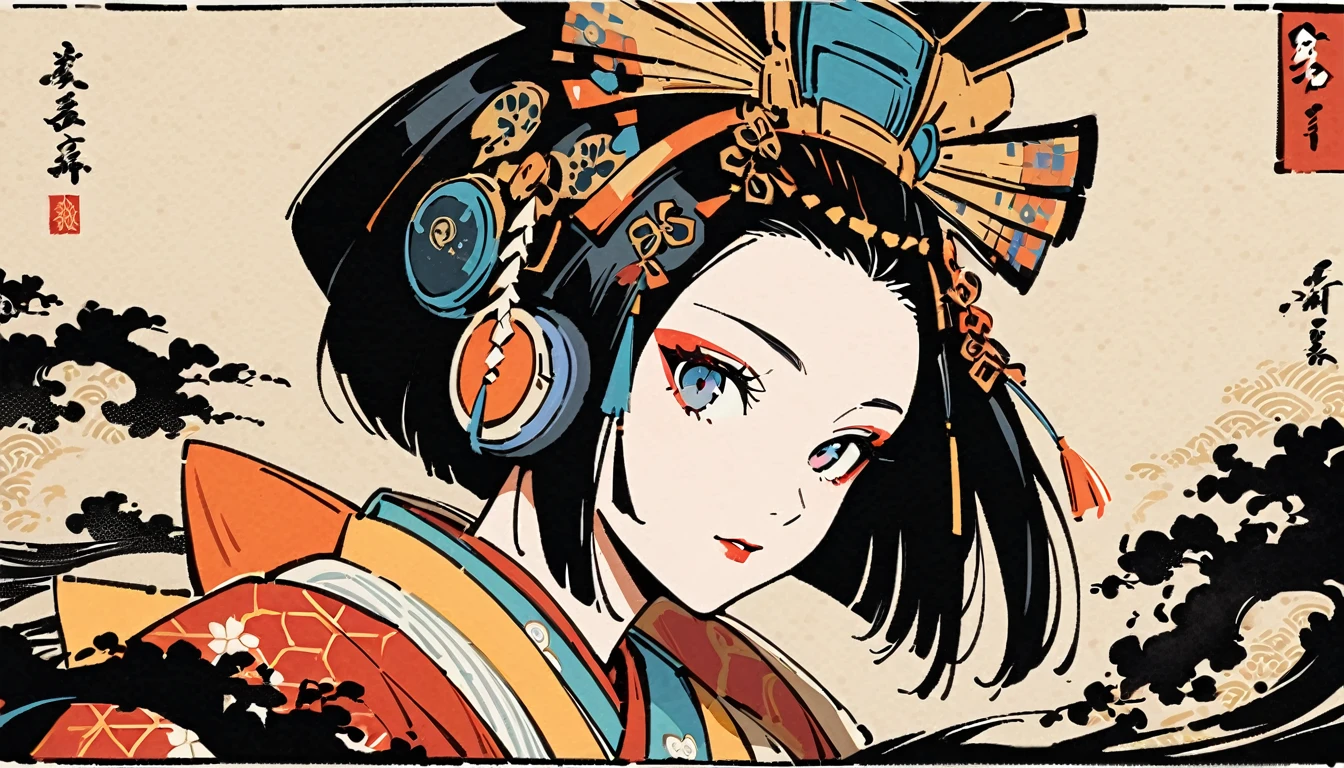 Ink Painting, (((1 girl))), (((Oiran))), (((Gorgeous hair accessories))), Japanese style headphones, face close-up, Japanese Beauty, Black Hair, Delicate and precise, Modern ukiyo-e style