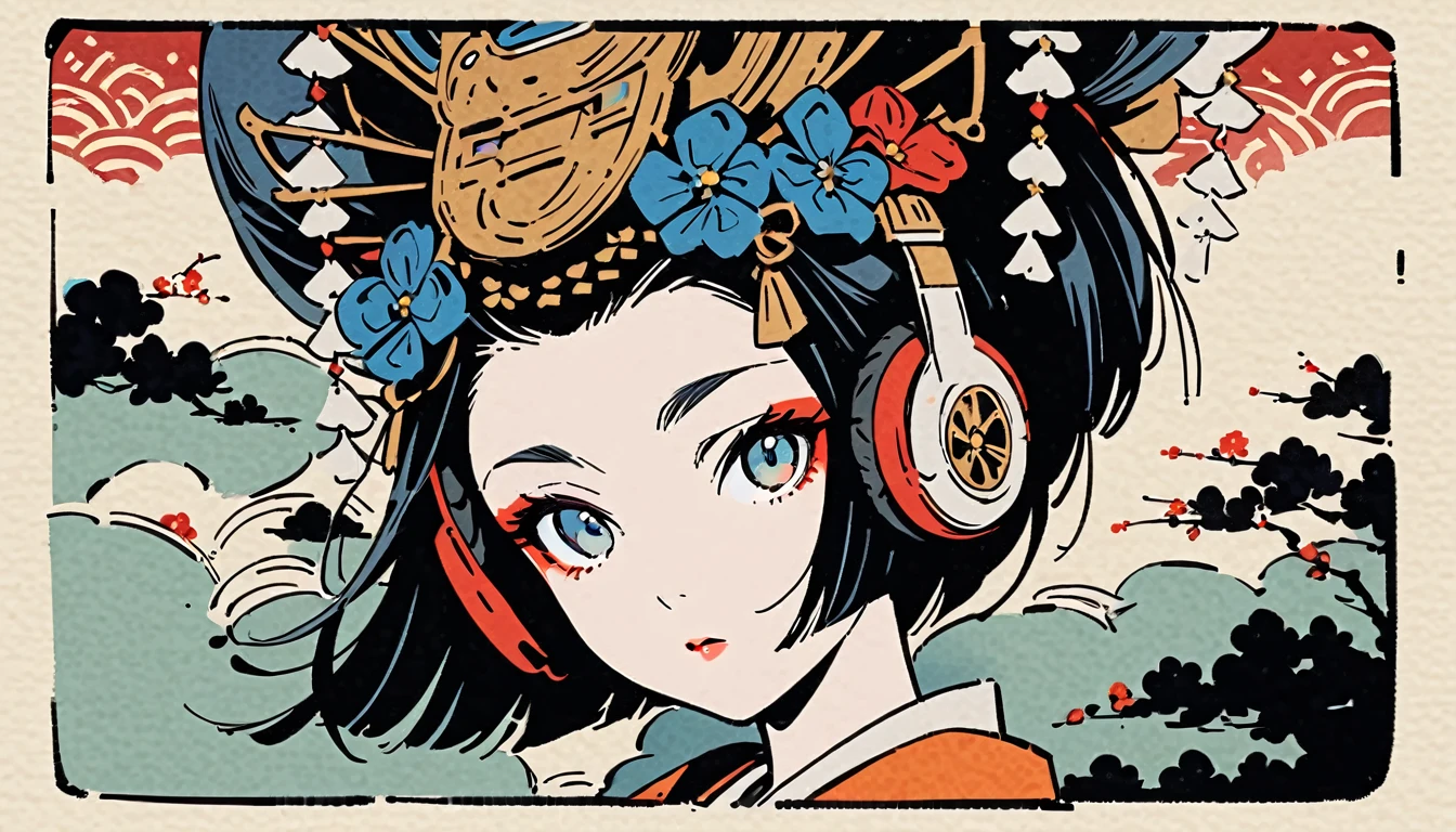 Ink Painting, (((1 girl))), (((Oiran))), (((Gorgeous hair accessories))), Japanese style headphones, face close-up, Japanese Beauty, Black Hair, Delicate and precise, Modern ukiyo-e style