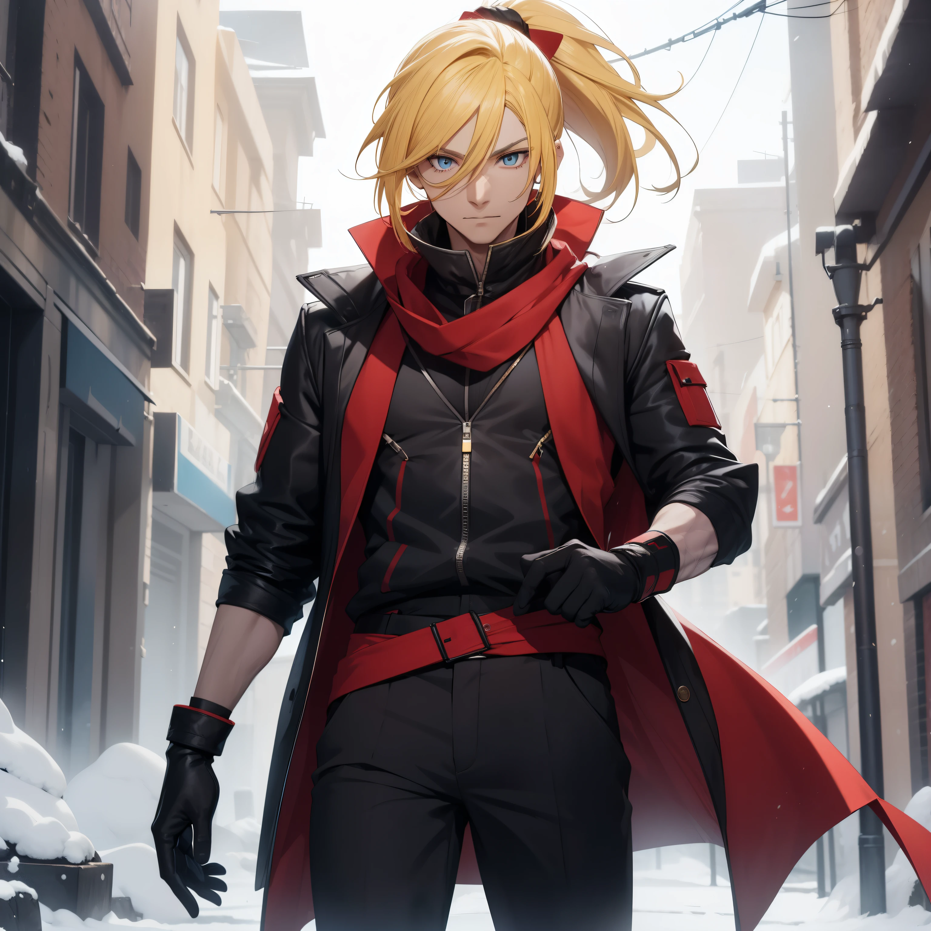 (26 years old), (male), Yellow hair, (Blue eyes), (Tied back ponytail), red scarf, red vest, sleeveless, black pants, black gloves, slim, up to legs