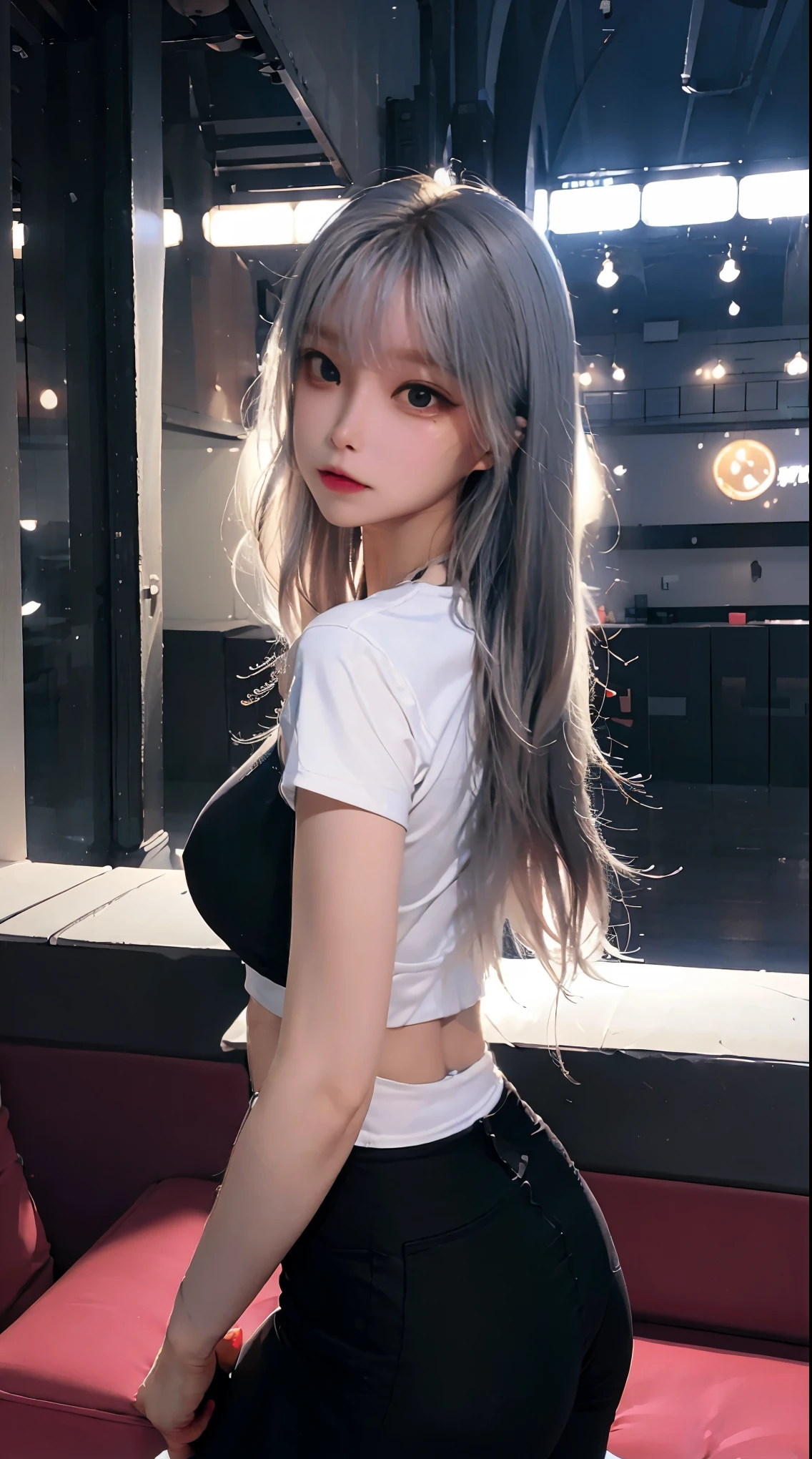 White Tight underboob t shirt, black tight short leggings, breast xxl, without bra and underwear, highly detailed, deep focused image, realistic full-lenght photo, looking back