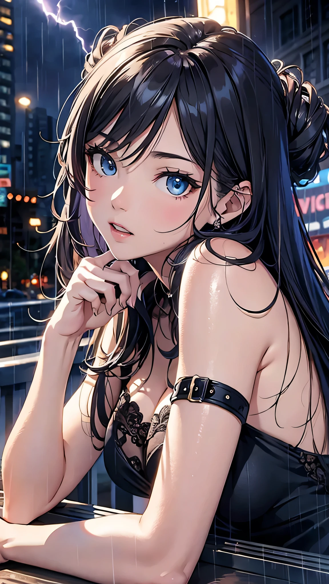 最high quality、Best image quality、masterpiece、With a girl((cute、16 years old、Best Bust、Medium Bust、Beautiful Blue Eyes、Spread your chest wide,Black Hair、Disheveled Hair、thin、Highest Valley、Black Dresy whole body is wet、Lie on your back))high quality、Beautiful art、background((night、heavy rain、City、Lightning strikes、fountain park)),Tabletop、Exquisite design、Visual Arts、Written boundary depth、Best lighting、Highest detail、8k