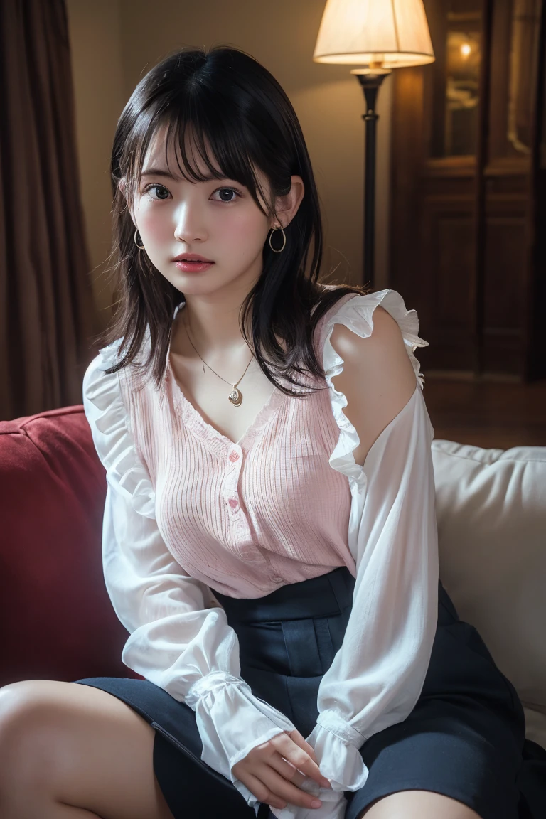(Highest quality:1.4),(masterpiece:1.4),(Realistic:1.4),(Realistic:1.2),(超High resolution, RAW Photos:1.4),(High resolution, Ultra-detailed:1.2),(8k:1.2),View your viewers,Cinematic photography,One girl,skeletally correct,Black-haired woman,Woman in her early 20s,(Small earrings,necklace,Pink ruffled blouse),(Western-style building interior,Dimly lit room,The lamplight shines on my cheeks,Sit on the sofa)