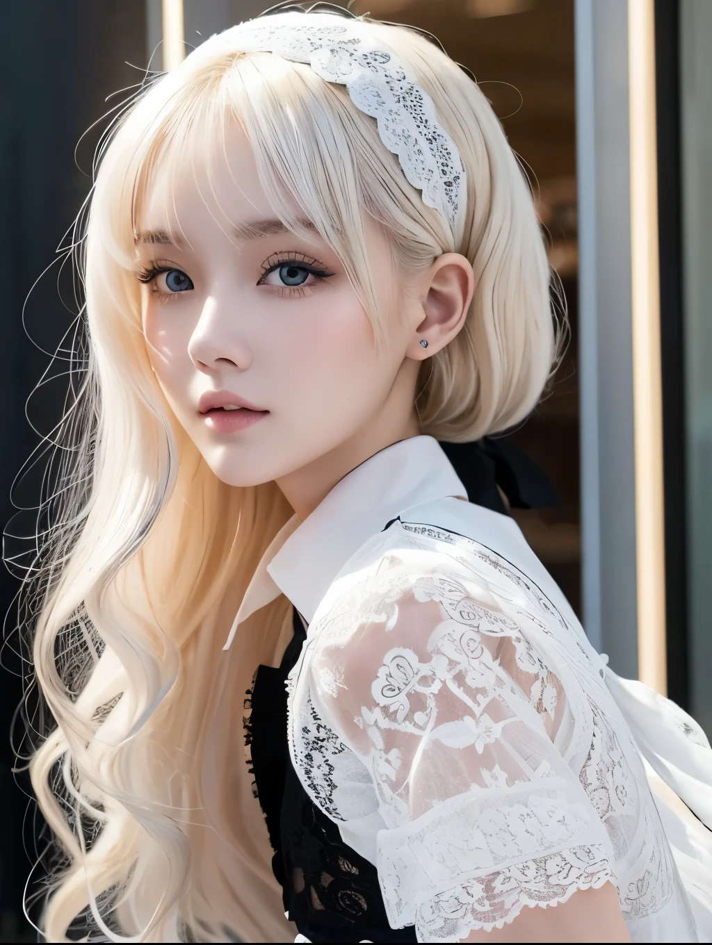 A young woman with striking white skin and large expressive eyes、She has short, curly platinum blonde hair.、It is partially covered by a black bonnet decorated with lace and intricate patterns.。There is a large circular white lace trim on the back of the hood.、It's becoming more and more glamorous。Her outfit was an intricate Victorian-style dress, mostly in black and white.、Ruffled lace、ribbon、The bow is multi-layered。The dress has a high neck and long sleeves.、The sleeves have elaborate lace cuffs。A long decorative chain and pendant hangs from the neck.。She is surrounded by white flowers and dark green leaves.、Contrast with the teal background。The lighting is soft、It creates a quiet and somewhat sad atmosphere.。Her expression is calm, but she is gazing into the distance.、Lips slightly open。The overall style is very detailed and delicate.、It combines elements of Gothic and Victorian fashion with a modern and fantastical twist.。