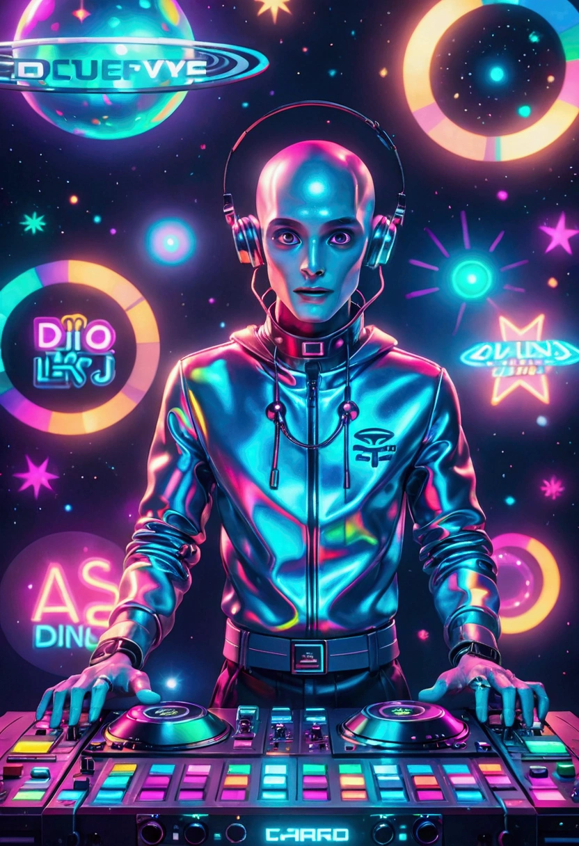 A scene depicting an unknown alien-blooded alien robot DJ spinning records in a typical cosmic nightclub. This alien robot DJ features smooth metallic components, glowing skin, an advanced holographic control panel for interacting with the crowd, and agile limbs to operate a variety of music equipment, such as turntables, mixers, and samplers. The scene is filled with typical interstellar club details, such as illuminated dance floor areas, signs written in alien script, and a range of cutting-edge sound equipment. Despite his alien robotic appearance, he still conveys excitement and commitment to the art of DJing, which are inherent qualities of a DJ. Realistic, 3D, C4D rendering, photography.
