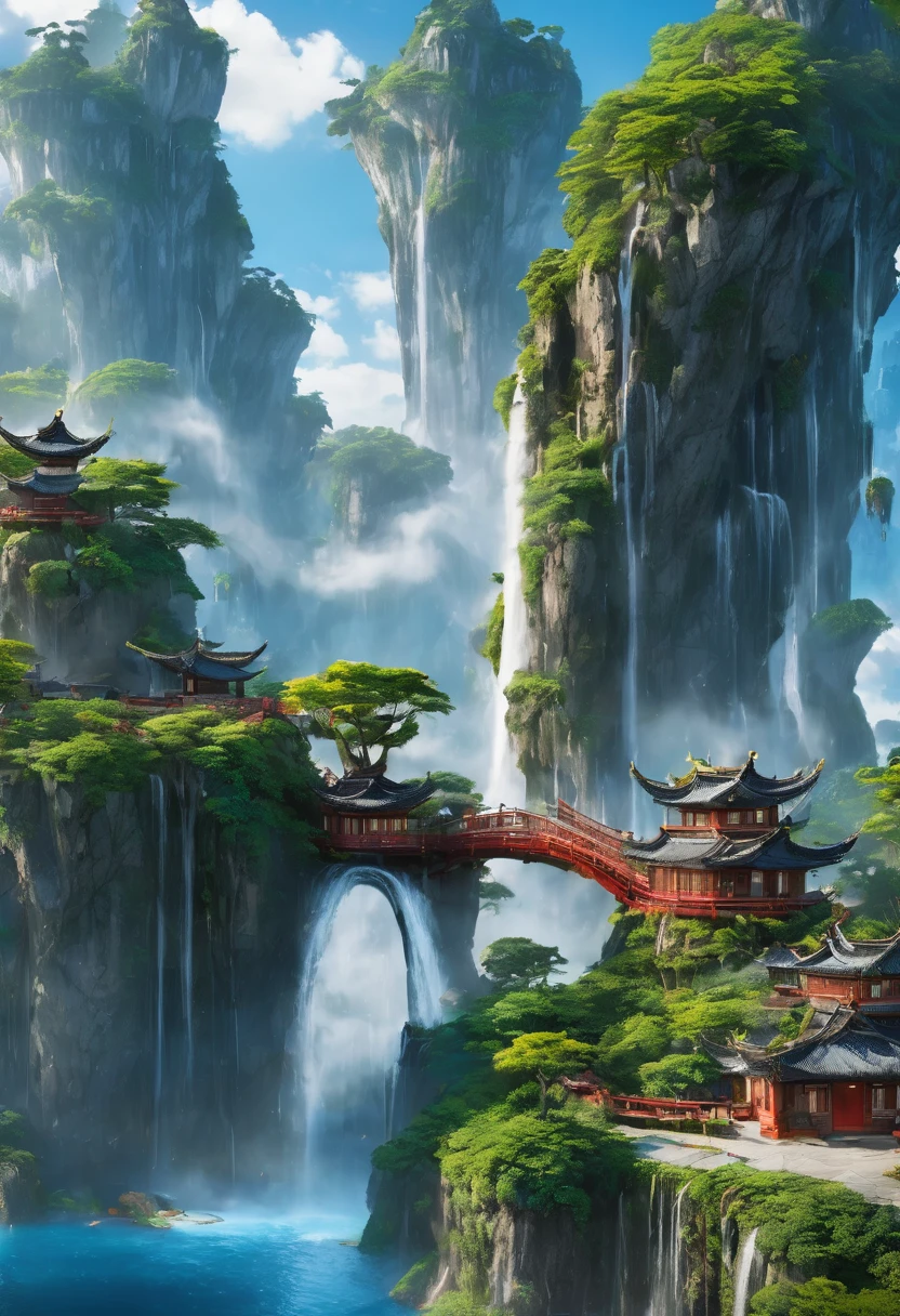 Floating Island々、Connected by an air bridge。Located in the blue sky and clouds、A waterfall falls from the air。Realistic landscape、 8k、Clear image quality even when enlarged、Super Graphics、Ultra-high resolution、Realistic、masterpiece, Winner of numerous awards, 最high quality, high quality, High-resolution model, Very detailed, Very detailed, 