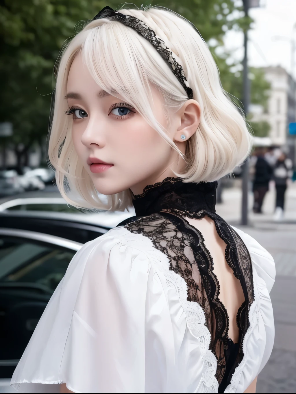 A young woman with striking white skin and large expressive eyes、She has short, curly platinum blonde hair.、It is partially covered by a black bonnet decorated with lace and intricate patterns.。There is a large circular white lace trim on the back of the hood.、It's becoming more and more glamorous。Her outfit was an intricate Victorian-style dress, mostly in black and white.、Ruffled lace、ribbon、The bow is multi-layered。The dress has a high neck and long sleeves.、The sleeves have elaborate lace cuffs。A long decorative chain and pendant hangs from the neck.。She is surrounded by white flowers and dark green leaves.、Contrast with the teal background。The lighting is soft、It creates a quiet and somewhat sad atmosphere.。Her expression is calm, but she is gazing into the distance.、Lips slightly open。The overall style is very detailed and delicate.、It combines elements of Gothic and Victorian fashion with a modern and fantastical twist.。