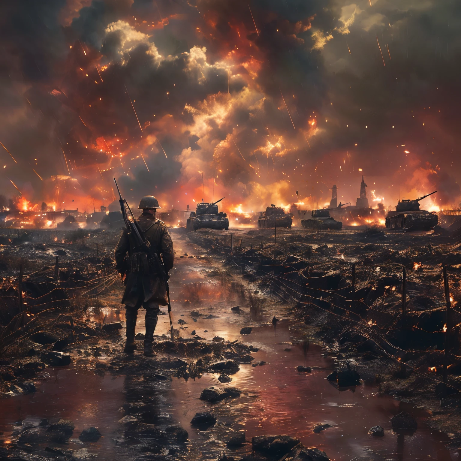 A hyper-realistic depiction of an epic war scene during World War I, featuring a determined soldier in rugged uniform holding a long rifle, tanks rolling in the background amidst the chaos, muddy trenches and barbed wire everywhere, explosions lighting up the overcast sky, creating a dramatic and intense atmosphere