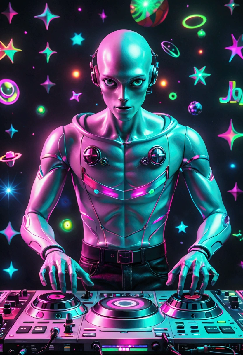 A scene depicting an unknown alien-blooded alien robot DJ spinning records in a typical cosmic nightclub. This alien robot DJ features smooth metallic components, glowing skin, an advanced holographic control panel for interacting with the crowd, and agile limbs to operate a variety of music equipment, such as turntables, mixers, and samplers. The scene is filled with typical interstellar club details, such as illuminated dance floor areas, signs written in alien script, and a range of cutting-edge sound equipment. Despite his alien robotic appearance, he still conveys excitement and commitment to the art of DJing, which are inherent qualities of a DJ. Realistic, 3D, C4D rendering, photography.