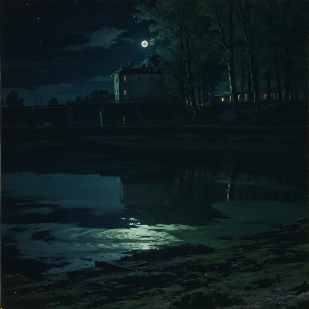 Moonlight night, moon over the river, the mill, peasant houses, year 1875, moonlight reflection on the river, moon among clouds in the night, dark green colors, the style of arkhip kuindgy