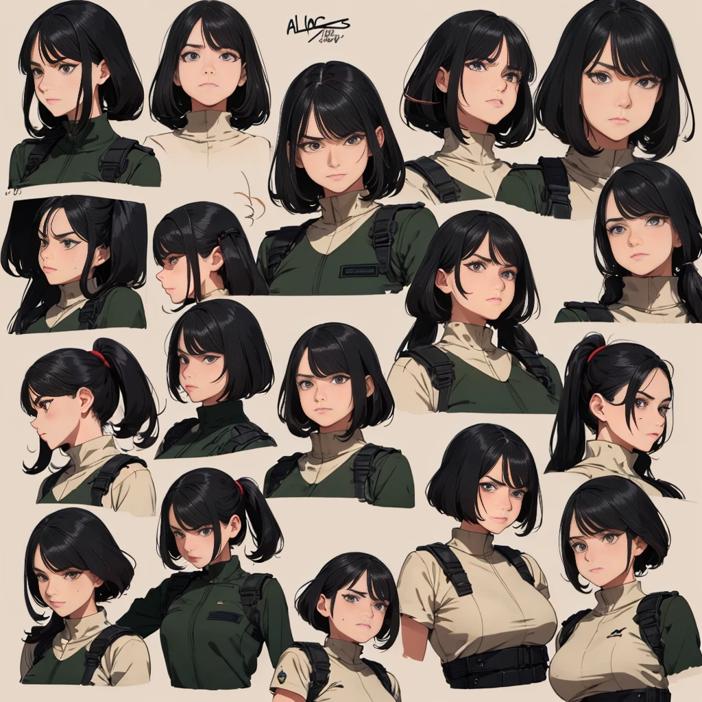 ((Character design sheet)),Character Reference Sheet,Woman, 20 year, argentina, Military clothing, musculosa, cabello verde, eyes green, Dominant character,Full of details, Multiple poses and expressions, rasgos fuertes, pelo ondulado largo liso, altura promedio, ojos destacables, manos delgadas y fuertes, post apocaliptic, estilo streetwear, (same face:1.1),happy emotion, sad emotion, angry emotion, ((3 Multiple poses, 3 Multiple expressions))Thoughtful emotion, Character Design, style anime, 8k