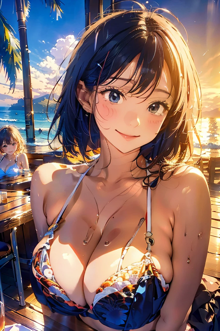 (Highest quality:1.4、masterpiece:1.4、Very detailed:1.4、8k:1.4)、((((1 person、Surprised expression、sit、Indoor café terrace、Coastal、juice、table、Sandy Beach、juiceのグラスを持つ、Beach lit by the setting sun、Micro Bikini、Very soft 、Big eyes、Very cute face))))、F cup bust、Mid-chest、Underbust