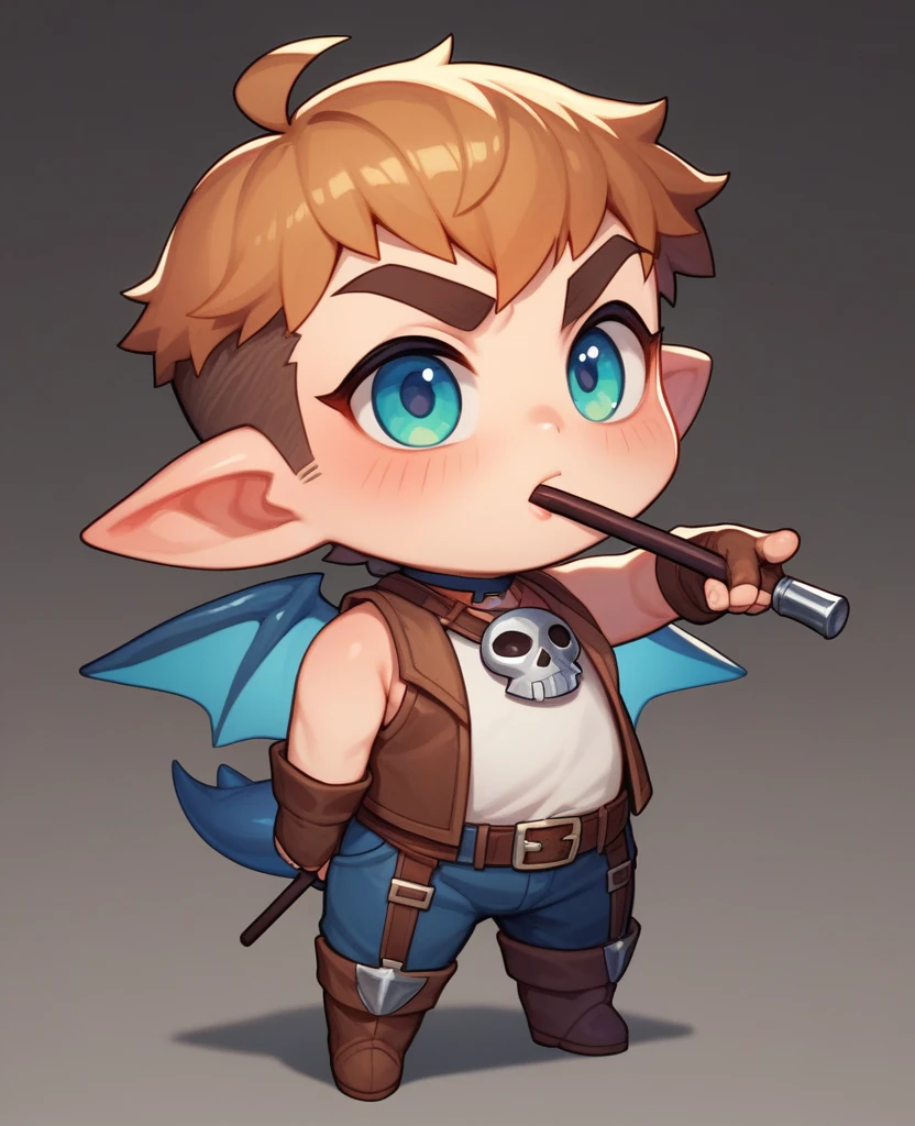up to, chibi, whole body, Stocky figure, strongly built and full of strength. Her hair is cut short, dark copper color. Her eyes are brown and penetrating, with a sly look in his gaze. Her eyebrows, thick and dark, give her face a determined look