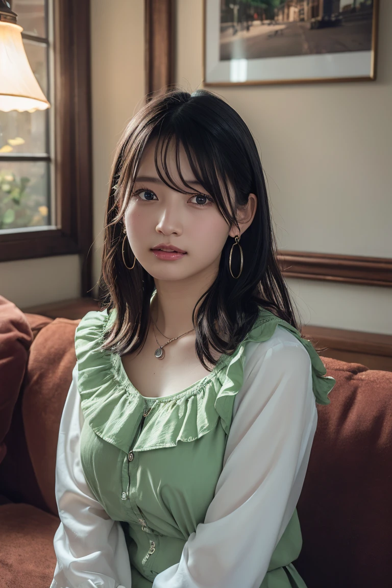 (Highest quality:1.4),(masterpiece:1.4),(Realistic:1.4),(Realistic:1.2),(超High resolution, RAW Photos:1.4),(High resolution, Ultra-detailed:1.2),(8k:1.2),View your viewers,Cinematic photography,One girl,skeletally correct,Black-haired woman,Woman in her early 20s,(Small earrings,necklace,Light green frilled blouse),(Western-style building interior,Dimly lit room,The lamplight shines on my cheeks,Sit on the sofa)