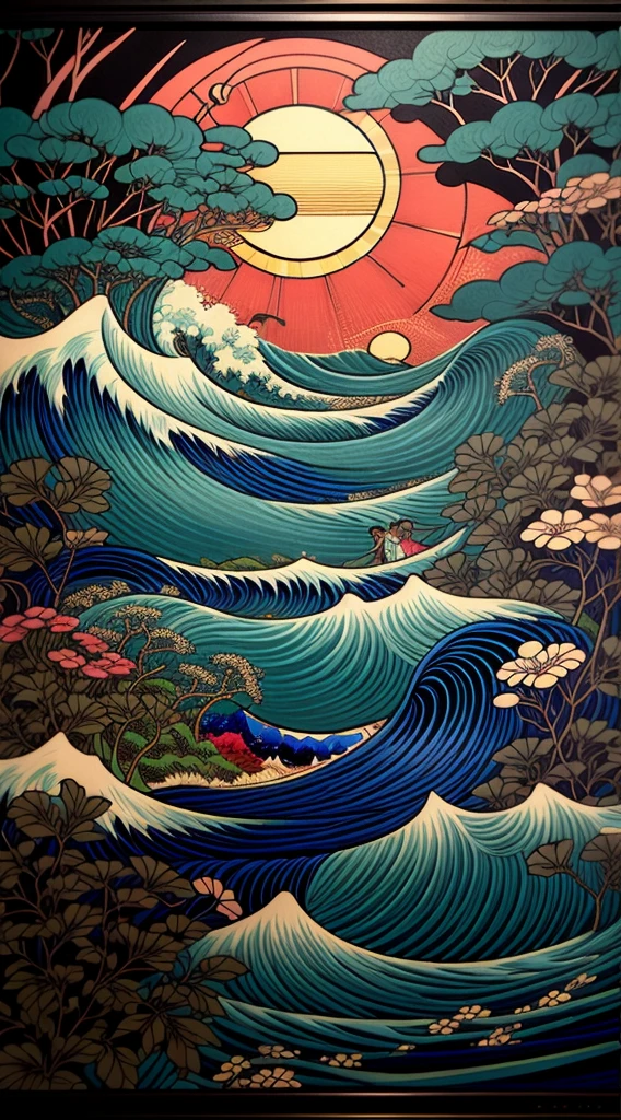 a close up of a painting of a wave and a sun, victo ngai and tristan eaton, layered art, intricate detailed digital art, inspired by Utagawa Kunimasa, inspired by Utagawa Kuniyoshi, insanely detailed art, ultra detailed color art, pop japonisme 3 d ultra detailed, inspired by Utagawa Hiroshige II