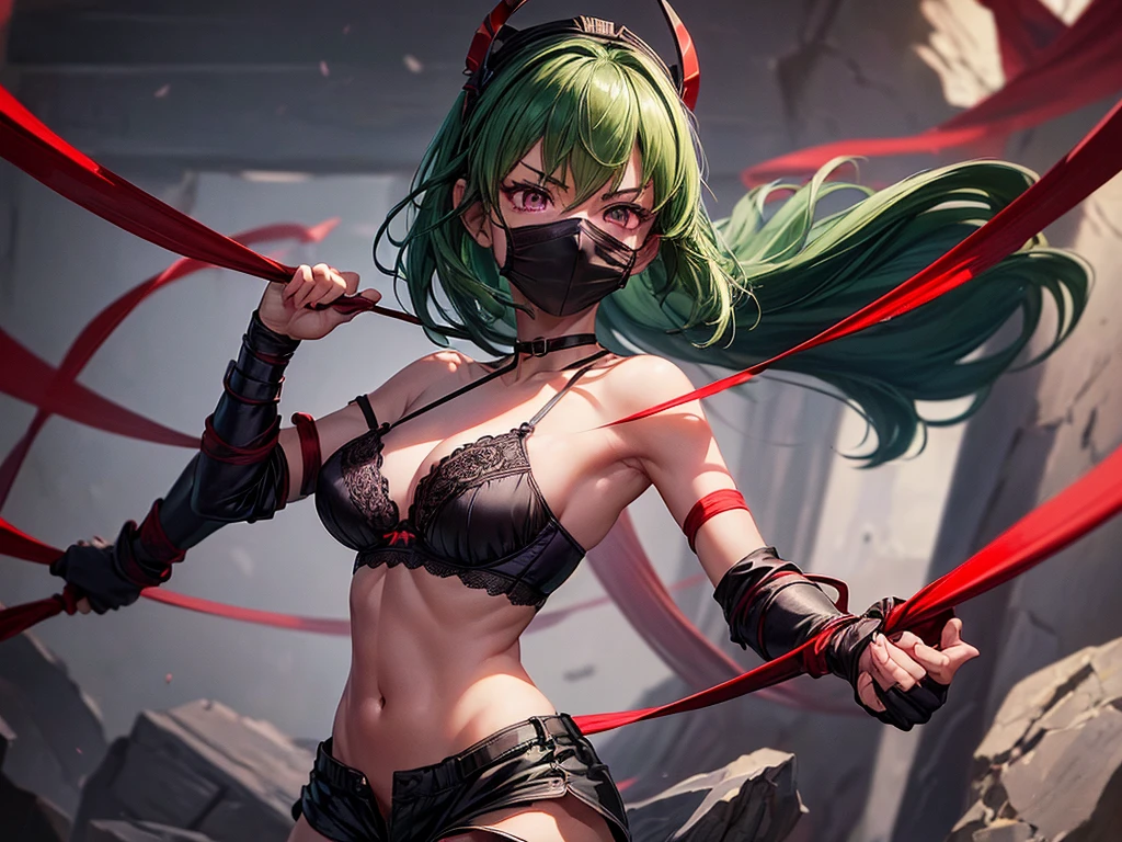 (((top-quality, masterpiece))), (best quality), (detailed), depict young ninja girl, determined, highly detailed beautiful face, delicate girl, delicate face, (((green hair))), short hair, (red headband), purple eyes, (((small breasts))), nice hips, flat belly, slim waist, define collarbone, ((black mask cover mouth)), (silk purple jacket), open belly, (((cute black lace bra))), black gloves, (((black sill shorts))), ((red rope around short)), ((red stocking)), cinematic shadow, extremely detailed and beautiful background, ninja atmosphere, she draws purple daggers