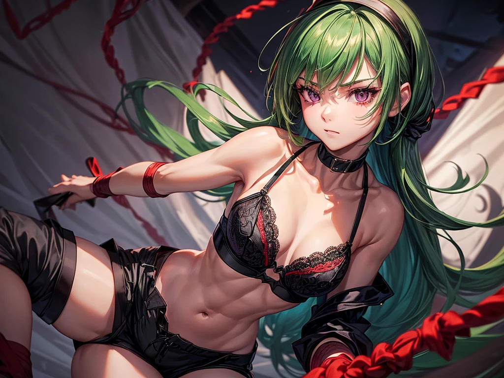 (((top-quality, masterpiece))), (best quality), (detailed), depict young ninja girl, determined, highly detailed beautiful face, delicate girl, delicate face, (((green hair))), short hair, (red headband), purple eyes, (((small breasts))), nice hips, flat belly, slim waist, define collarbone, ((black mask cover mouth)), (silk purple jacket), open belly, (((cute black lace bra))), black gloves, (((black sill shorts))), ((red rope around short)), ((red stocking)), cinematic shadow, extremely detailed and beautiful background, ninja atmosphere, she draws purple daggers