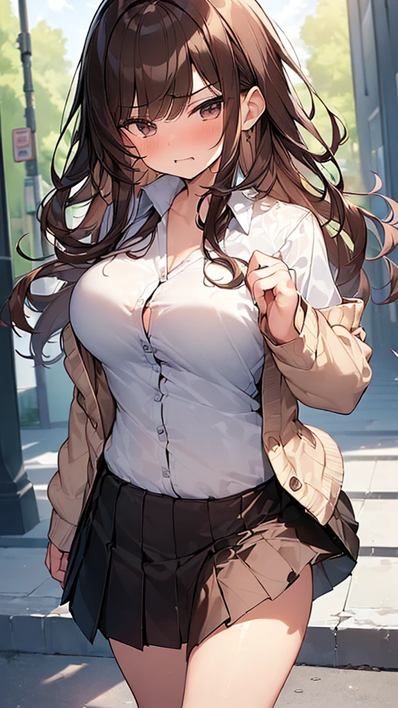 (Masterpiece, Top quality: 1.5), (1 girl, solo :1.2), (large breasts:1.3), (Cardigan, dress shirt, Pleated skirt:1.4), standard weight, ( brown hair:1.4), (airy hair, wavy hair:1.3), long hair ,asymmetry bangs, swept bangs, , angry, (flustered:1.3), beautiful scene of street , dynamic pose, magnificent panorama view
