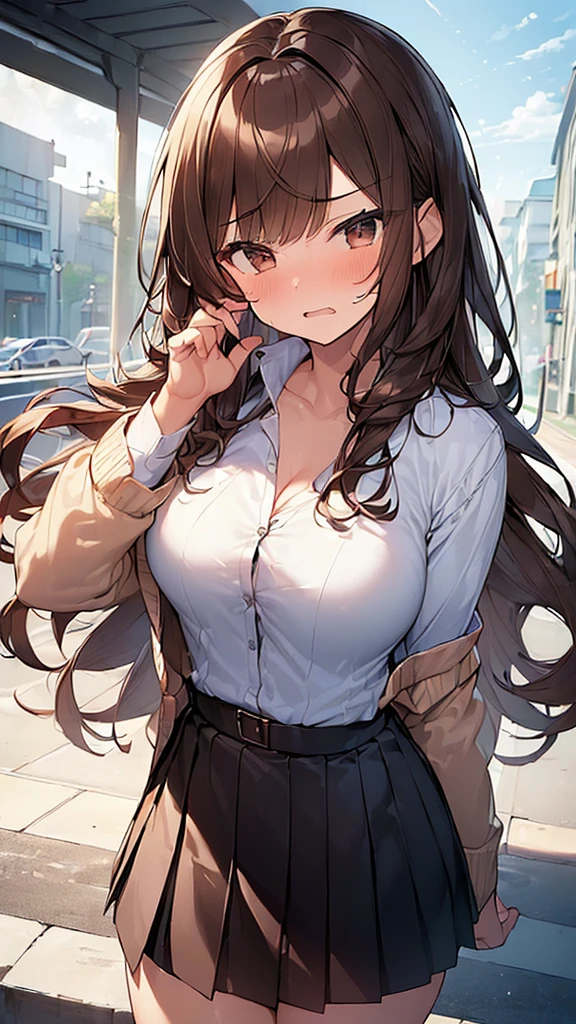 (Masterpiece, Top quality: 1.5), (1 girl, solo :1.2),  (large breasts:1.3), (Cardigan, dress shirt, Pleated skirt:1.4), standard weight, ( brown hair:1.4), (airy hair, wavy hair:1.3), long hair ,asymmetry bangs, swept bangs, junior high school student, angry, (flustered:1.3), beautiful scene of street , dynamic pose, magnificent panorama view