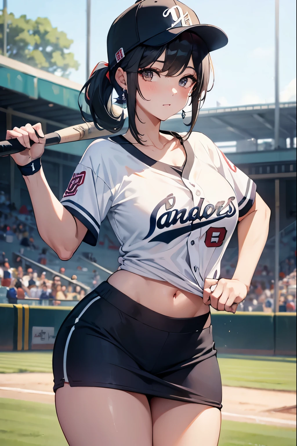 neocoill,  masterpiece, best quality, 1girl, baseball thin transparent uniform, bikini style uniform , kinky ,nipple showing ,solo, baseball mitt, baseball cap, hat, baseball, sky, ,sportswear, cloud, black hair, blue sky, day, holding, shirt, bangs, medium Hair ,standing, holding ball, outdoors, looking at viewer, parted lips, large breasts, mature female,