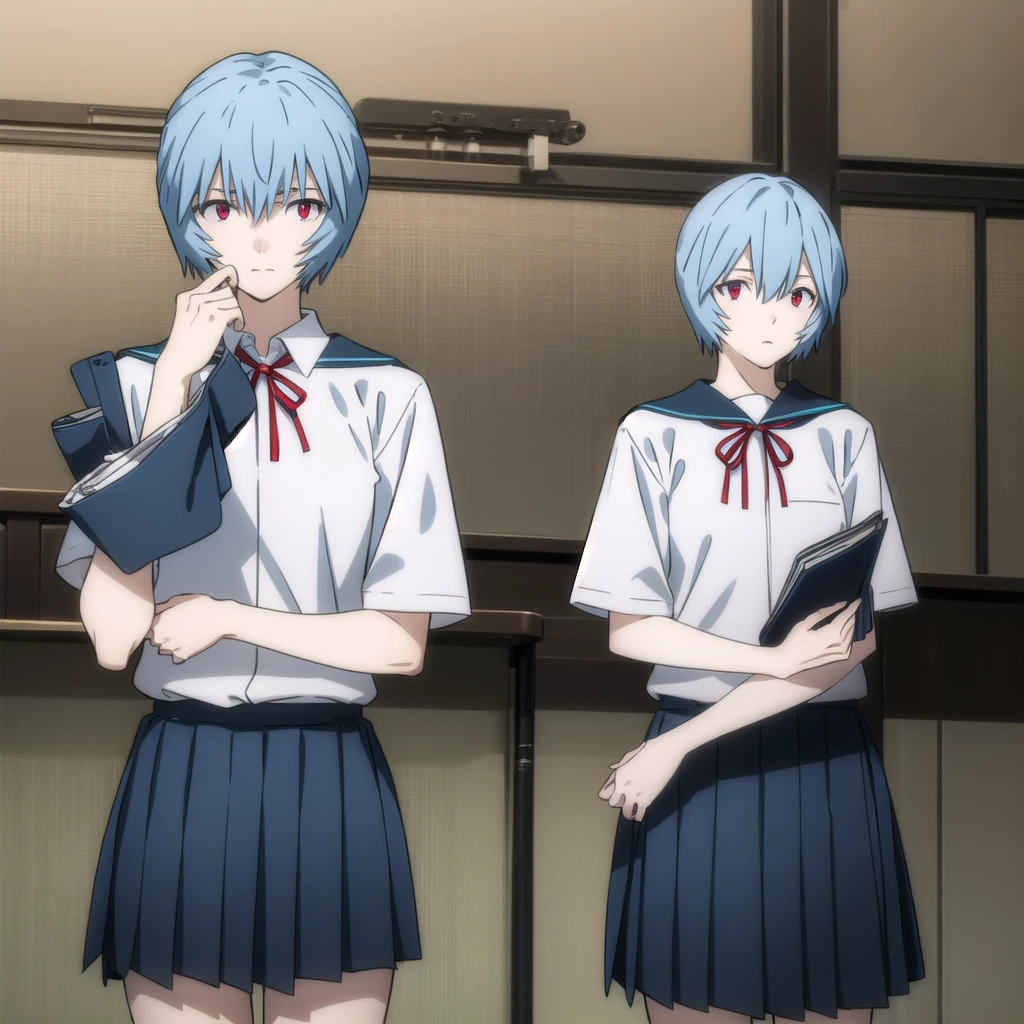 reiayanami, rei ayanami, (ayanami rei:1.2), blue hair, short hair, (red eyes:1.2),
BREAK skirt, shirt, ribbon, (school uniform:1.5), white shirt, short sleeves, red ribbon, neck ribbon, (tokyo-3 middle school uniform:1.5),
BREAK indoors, classroom,
BREAK looking at viewer, (cowboy shot:1.5),
BREAK (masterpiece:1.2), best quality, high resolution, unity 8k wallpaper, (illustration:0.8), (beautiful detailed eyes:1.6), extremely detailed face, perfect lighting, extremely detailed CG, (perfect hands, perfect anatomy),