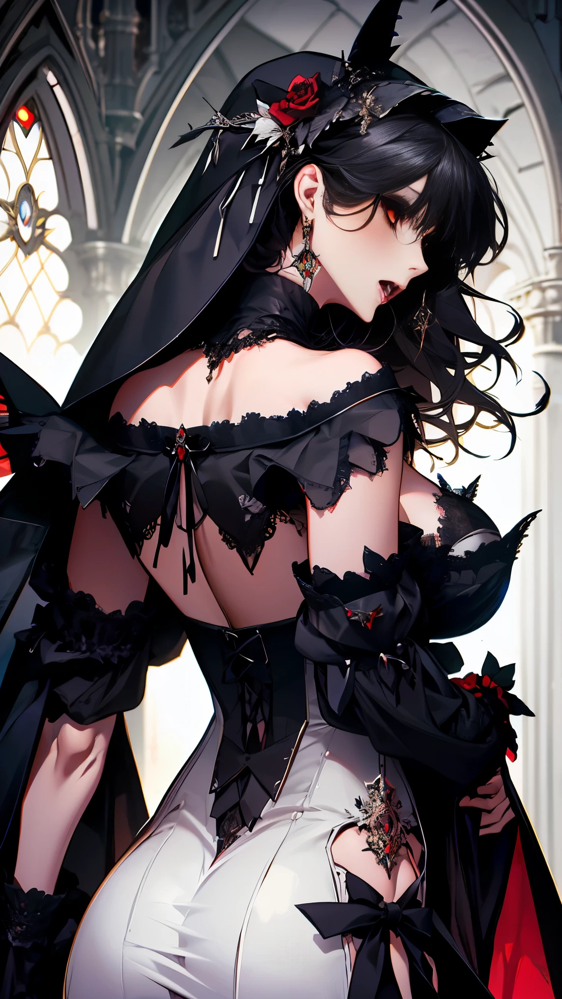 Gothic art, cinematic lighting, textured skin, masterpiece, high quality, high details, super detail, 8k, highres, Vampire girl wearing a black cloak, Vampire Carmilla, red eyes, canines, fangs on the neck of a beautiful woman, All black outfit, tuxedo, red bowtie, Spread large bat wings from her back