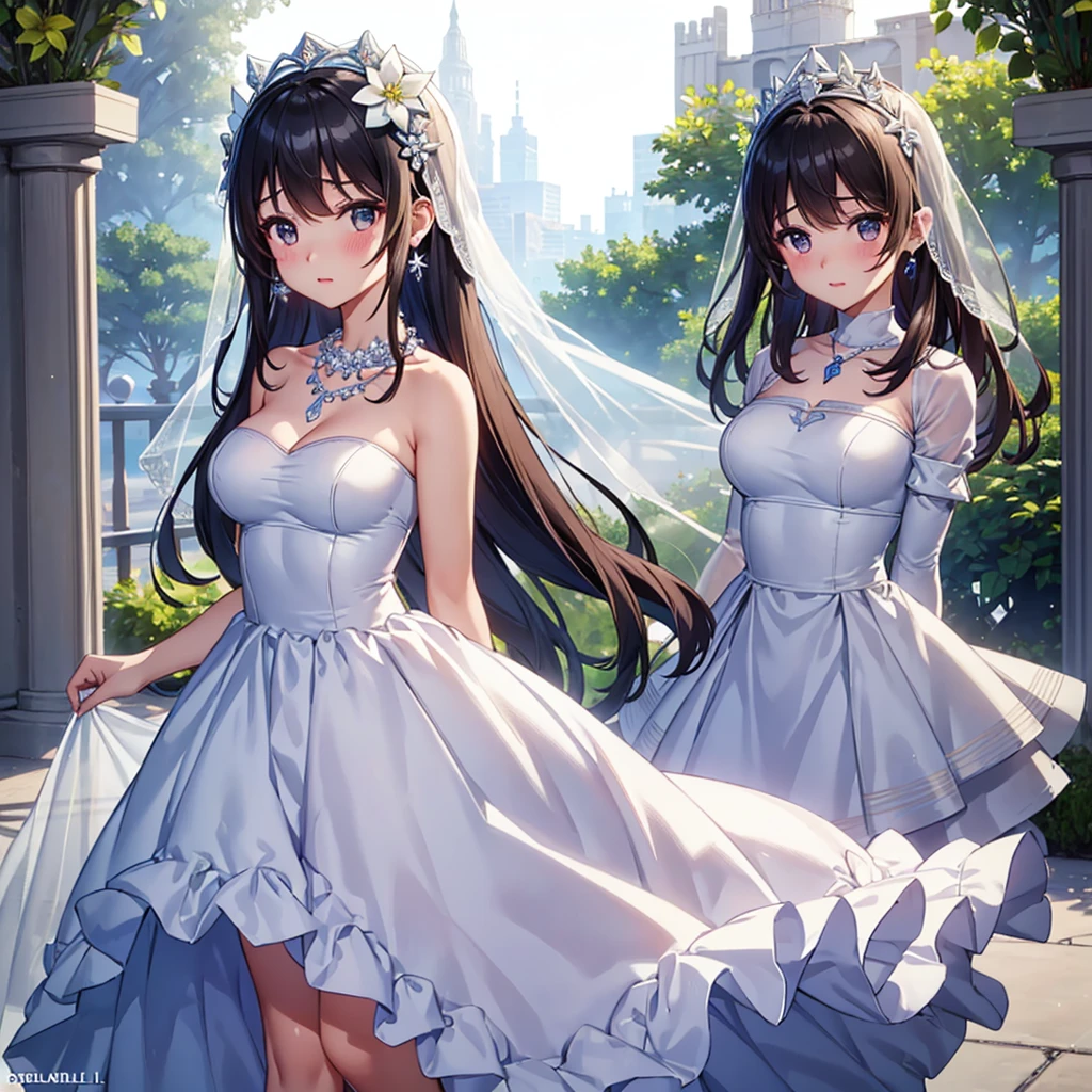 A woman in a dress and stockings standing in front of a tree, wedding dress, off the shoulder, long wedding veil, necklace, jewelry, (skirt parted in front), thigh highs, (panties:0.9), big rounds breasts, dark brown hair, long bangs, long hair, ponytail, wavy hair, expressive hair, shiny hair, hair flower, ribbon, aqua eyes, glowing eyes, pupils sparkling, earrings, smile, glossy lips, blush, embarrassed, nervous smile, beautiful detailed face and eyes, perfect anatomy, standing, outside, jewelry, high detail, anime, anime style, cinematic lighting, dithering, image fill, multiple views, from the front, from above, from below, from behind, from side, wallpaper, game cg, perspective, Wide-Angle, f/1.8, 85mm, Sony FE GM, 8k, super detail, UHD, retina, masterpiece, accurate, anatomically correct, textured skin, high details, best quality, highres, 16k