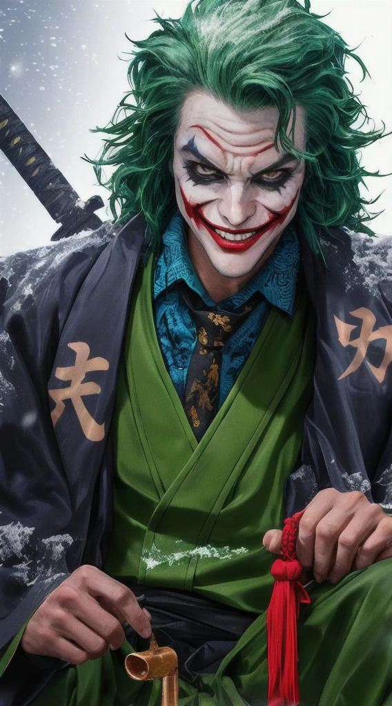 A striking portrait of 'The Joker' in a vibrant green outfit, accented with a flowing grey robe and dual swords at his back. His Naruto-inspired features - piercing eyes, bold smile, and spiky hair - exude an air of mischievous intensity. Framed against a dark background, the image pops with high-contrast lighting, accentuating every detail from the intricate costume to the subject's calculating gaze.