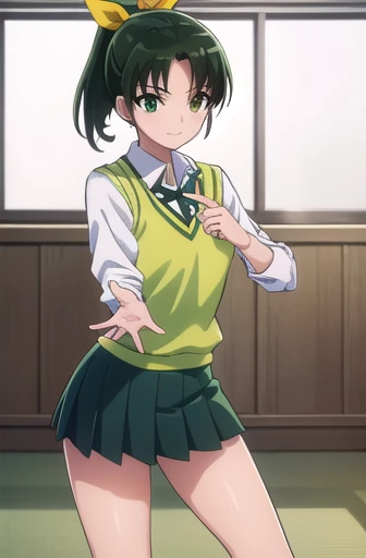 naomidorikawa, Nao Midorikawa, short hair, (Green Eyes:1.3), ponytail, Green Hair, ribbon, hair ribbon, smile,
break skirt, , tie, Rolled up my sleeves, Sweater vest, green tie, nanairogaoka middle ,Thighs、Panty shot、Skirt lifted、座る
break indoors,classroom,
break looking at viewer, Dynamic pose,
break (masterpiece:1.2), Highest quality, High resolution, unity 8k wallpaper, (figure:0.8), (Beautiful attention to detail:1.6), Highly detailed face, Perfect lighting, Highly detailed CG, (Perfect hands, Perfect Anatomy),