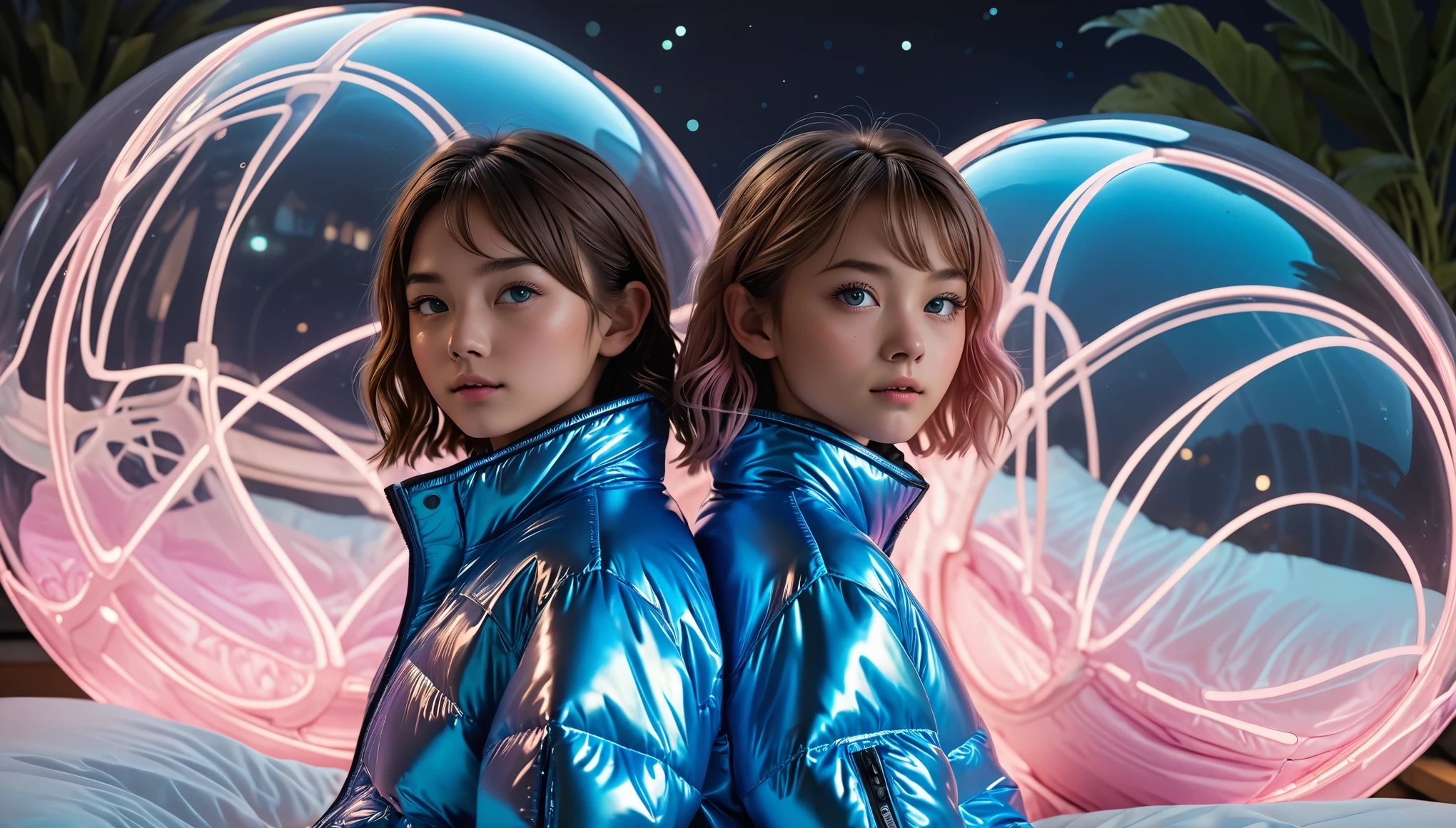 Top Quality, Masterpiece, High Resolution, 8k, ((2 cute barely legal girls in light pink blue shiny puffer with plunging neckline, short sleeves, wide neckline, deep neckline, small perky breasts, extremely detailed face, detailed slightly open eyes, beautiful detailed lips, short random hair style, small hips, very young)), in a spaceship, on bed, intricate details, at night, backlit, random neon color, full body shot, view from distance, random pose