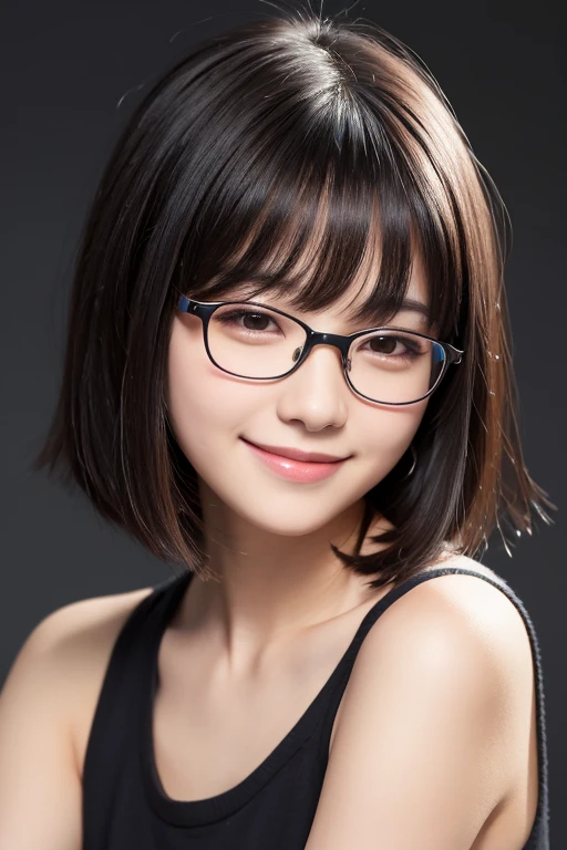 One girl, High resolution, bangs, Black Hair, Simple Background, chest, Shortcuts, Bob Hair, smile, Sleepy, Glasses Girl