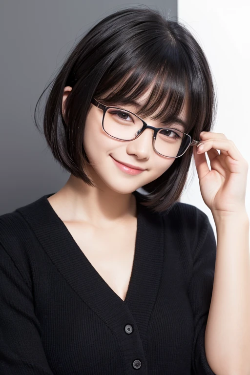 One girl, High resolution, bangs, Black Hair, Simple Background, chest, Shortcuts, Bob Hair, smile, Sleepy, Glasses Girl