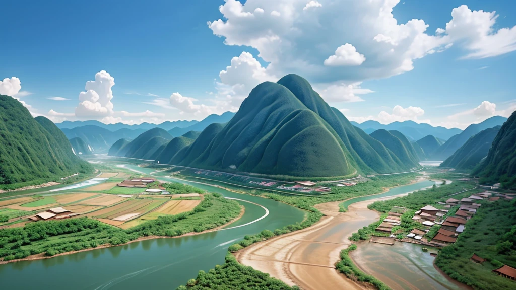 Natural beauty, Laos ancient village. Mountain river. Cloud, Temple. View from the air, mysterious beauty, 8k