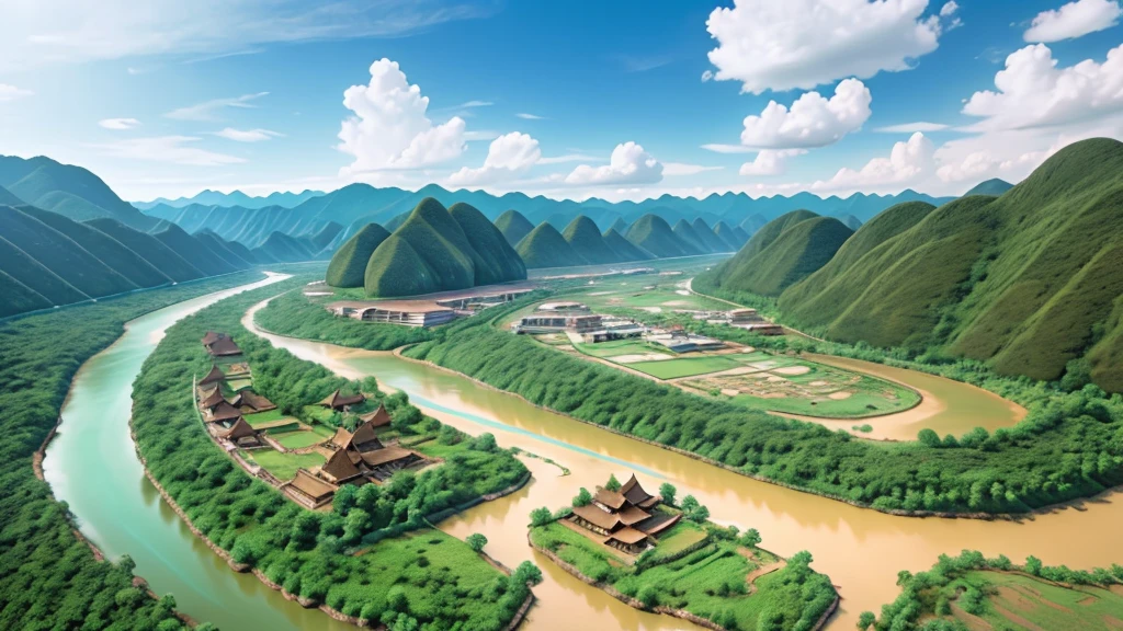Natural beauty, Laos ancient village. Mountain river. Cloud, Temple. View from the air, mysterious beauty, 8k