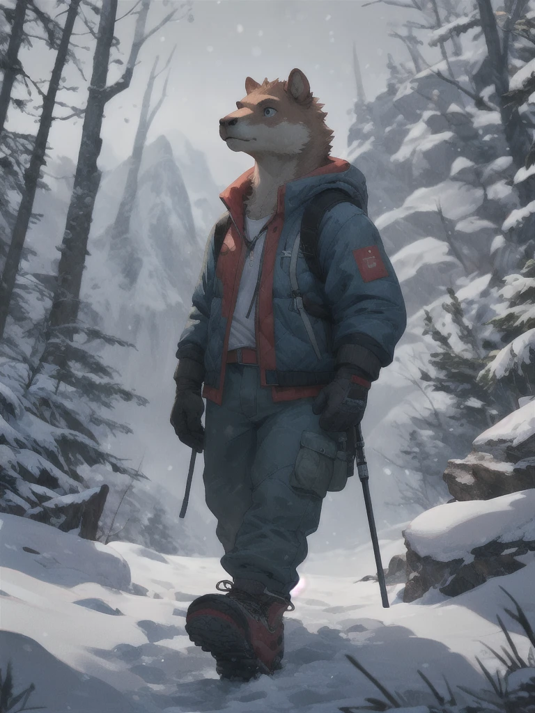 anthro humanoid male giant capybara, wearing jacket, pants, hiking boots, hiking gloves, hiking on snow mountain, looking up, snow storm, cute, attractive, highly detailed, intricate, sharp focus, beautiful, dramatic cinematic, ambient light, epic composition, elegant, very inspirational, stunning, creative, fine detail, color, shiny, glowing, rich deep, BREAK, the colossal capybara, the king of the jungle, dons a pair of hiking boots, hiking boots, and a pair of hiking gloves. The snow mountain is surrounded by lush greenery, and the air is filled with the sound of chirping birds and rustling leaves. The scene is alive with energy and mystery, capturing the essence of an epic landscape. A solitary panda, clad in a crisp suit, carries a snowpack in one hand and a pair of hiking boots in the other, while a snowstorm hangs low in the sky. The scene is a stunning, epic composition, with vibrant colors and intricate details that bring the jungle to life. The image is alive with energy and mystery, capturing the essence of an epic landscape.