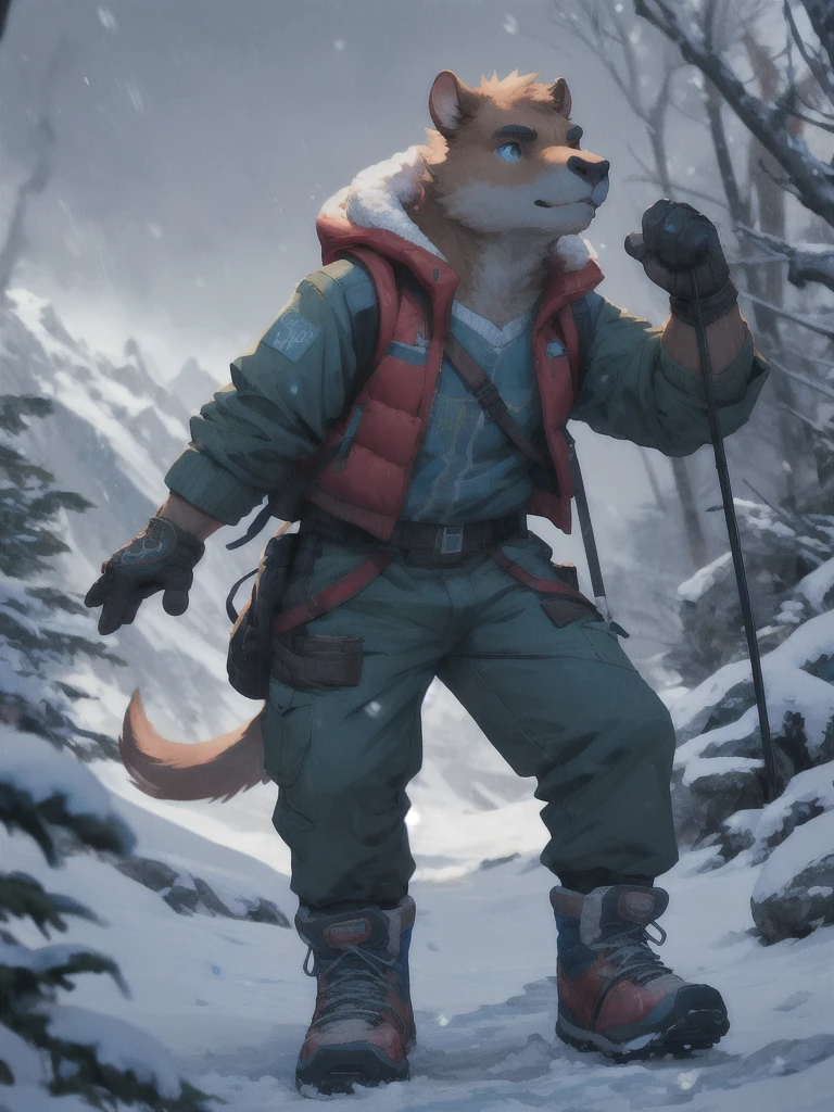 anthro humanoid male giant capybara, wearing jacket, pants, hiking boots, hiking gloves, hiking on snow mountain, looking up, snow storm, cute, attractive, highly detailed, intricate, sharp focus, beautiful, dramatic cinematic, ambient light, epic composition, elegant, very inspirational, stunning, creative, fine detail, color, shiny, glowing, rich deep, BREAK, the colossal capybara, the king of the jungle, dons a pair of hiking boots, hiking boots, and a pair of hiking gloves. The snow mountain is surrounded by lush greenery, and the air is filled with the sound of chirping birds and rustling leaves. The scene is alive with energy and mystery, capturing the essence of an epic landscape. A solitary panda, clad in a crisp suit, carries a snowpack in one hand and a pair of hiking boots in the other, while a snowstorm hangs low in the sky. The scene is a stunning, epic composition, with vibrant colors and intricate details that bring the jungle to life. The image is alive with energy and mystery, capturing the essence of an epic landscape.