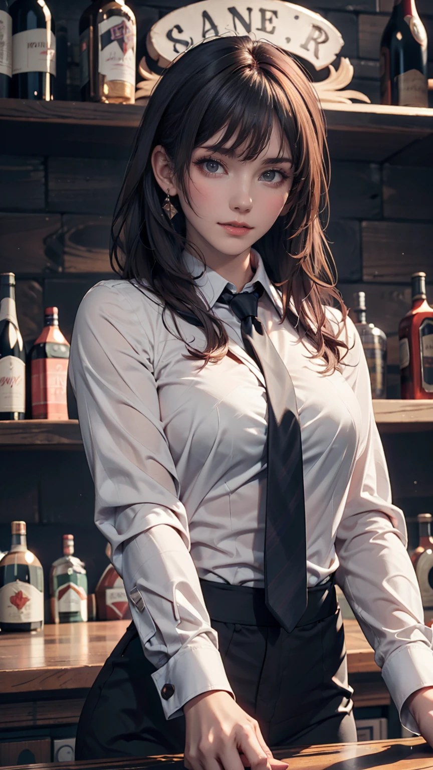 One girl, alone, bangs, blush, Place your hand on your chest, Jill Stingray, Long sleeve, View your viewers, Purple Hair, Medium chest, tie, shirt, alone, Upper Body, Best,  bartender, Best, white shirt