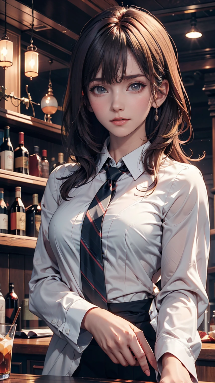 One girl, alone, bangs, blush, Place your hand on your chest, Jill Stingray, Long sleeve, View your viewers, Purple Hair, Medium chest, tie, shirt, alone, Upper Body, Best, bartender, Best, white shirt
