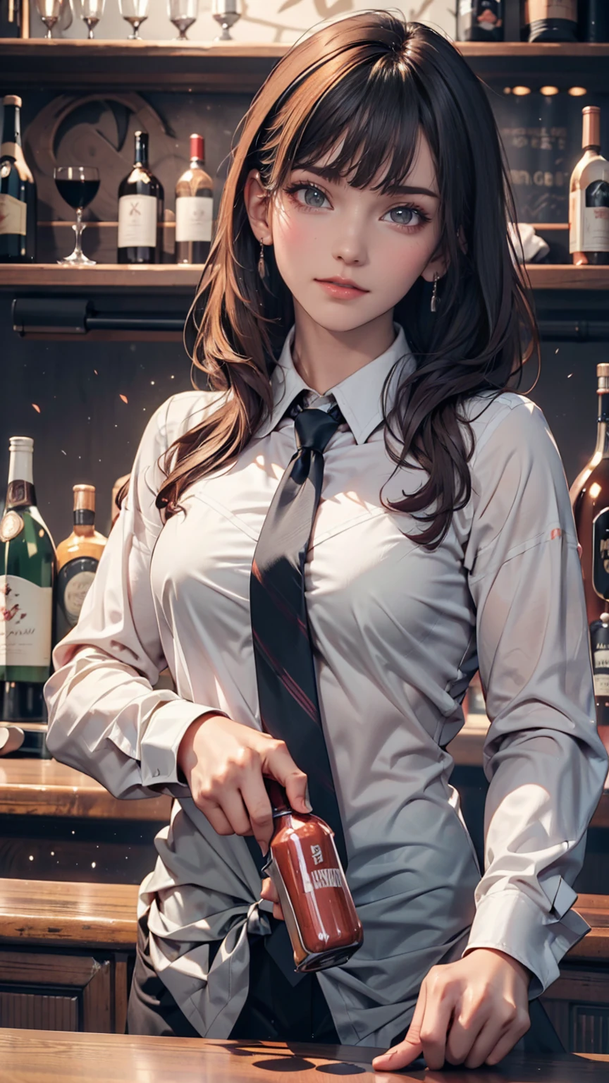 One girl, alone, bangs, blush, Place your hand on your chest, Jill Stingray, Long sleeve, View your viewers, Purple Hair, Medium chest, tie, shirt, alone, Upper Body, Best, bartender, Best, white shirt