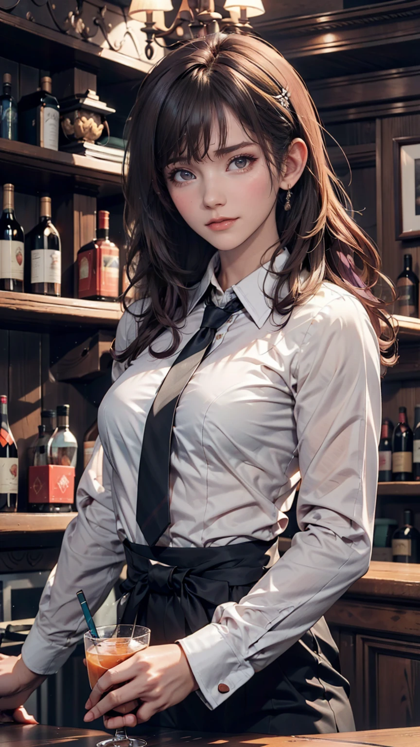 One girl, alone, bangs, blush, Place your hand on your chest, Jill Stingray, Long sleeve, View your viewers, Purple Hair, Medium chest, tie, shirt, alone, Upper Body, Best, bartender, Best, white shirt