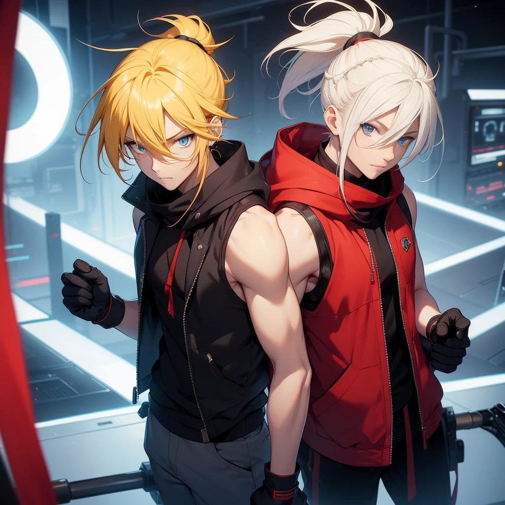 (26 years old), (male), Yellow hair, (Blue eyes), (Tied back ponytail), red scarf, White hoodie-vest, sleeveless, black pants, black gloves, slim, up to legs