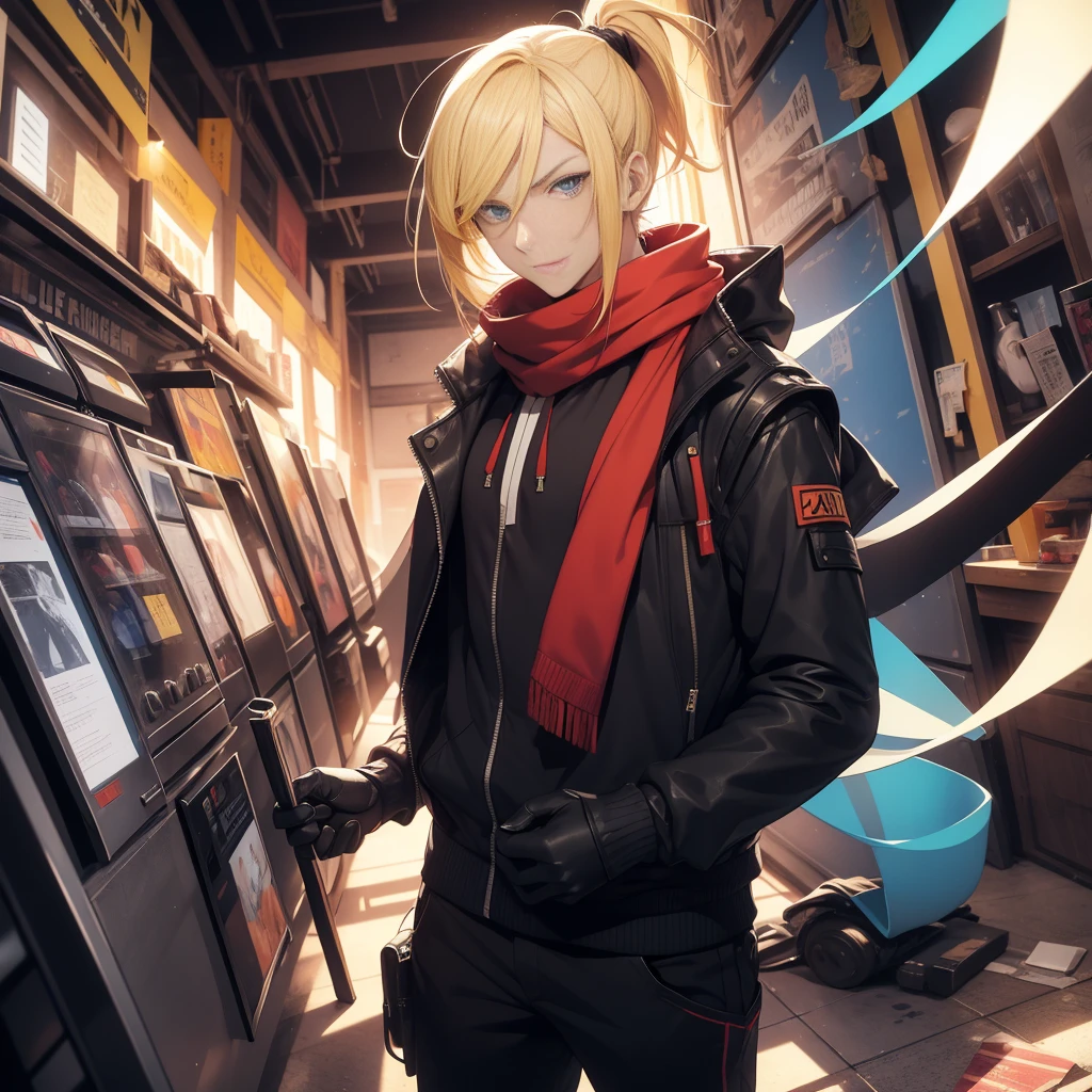 (26 years old), (male), Yellow hair, (Blue eyes), (Tied back ponytail), red scarf, White hoodie-vest, sleeveless, black pants, black gloves, slim, up to legs