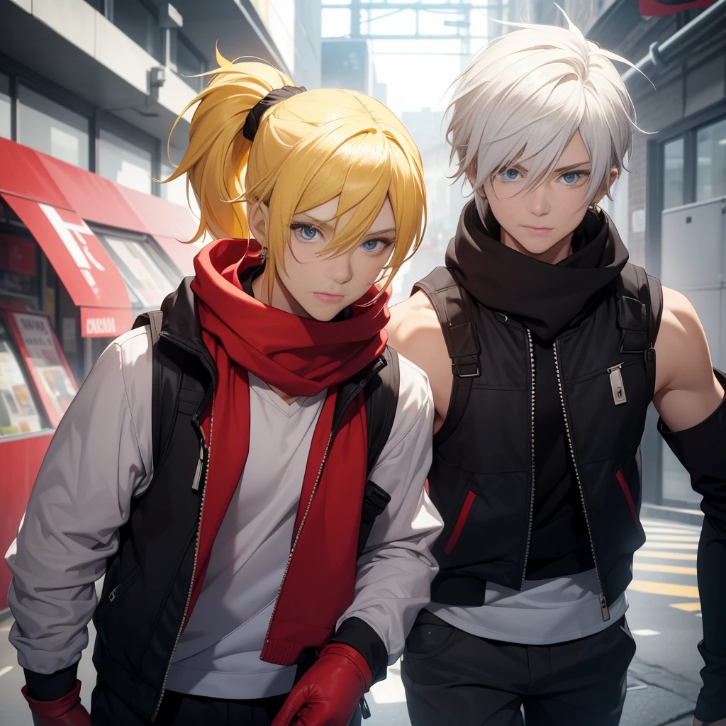 (26 years old), (male), Yellow hair, (Blue eyes), (Tied back ponytail), red scarf, White hoodie-vest, sleeveless, black pants, black gloves, slim, up to legs