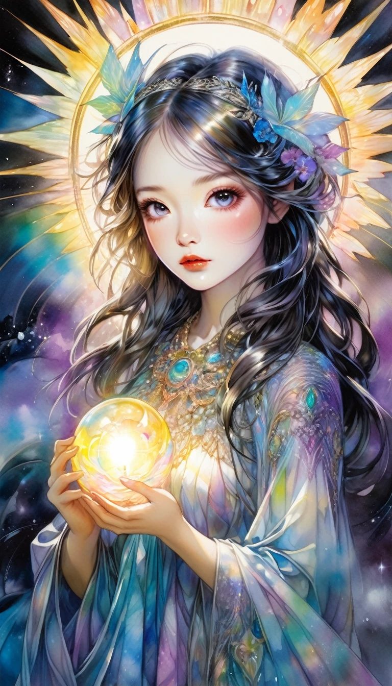 An awe-inspiring watercolor and ink masterpiece inspiring by Jasmine Becket-Griffith, featuring an enchanting, ethereal charming woman radiating celestial energy and holding a radiant light in her hands. Extraordinarily well detailed, serene and caring face. The artwork is alive with pastel hues, rainbow colors, and a double exposure effect, creating a mesmerizing interplay of light and shadow. Golden rays emanate from the central radiant light, casting a soft glow and a mysterious aura around the subject. Drawing inspiration from the styles of Yoji Shinkawa and Greg Rutkowski, this piece showcases delicate brushstrokes, vivid light effects, and an intricate interplay of dark fantasy elements. The HDR 8K, SSAO, and high-definition rendering enhance the vibrant colors and intricate details, making this illustration truly out of this world, fashionable, and immersive.