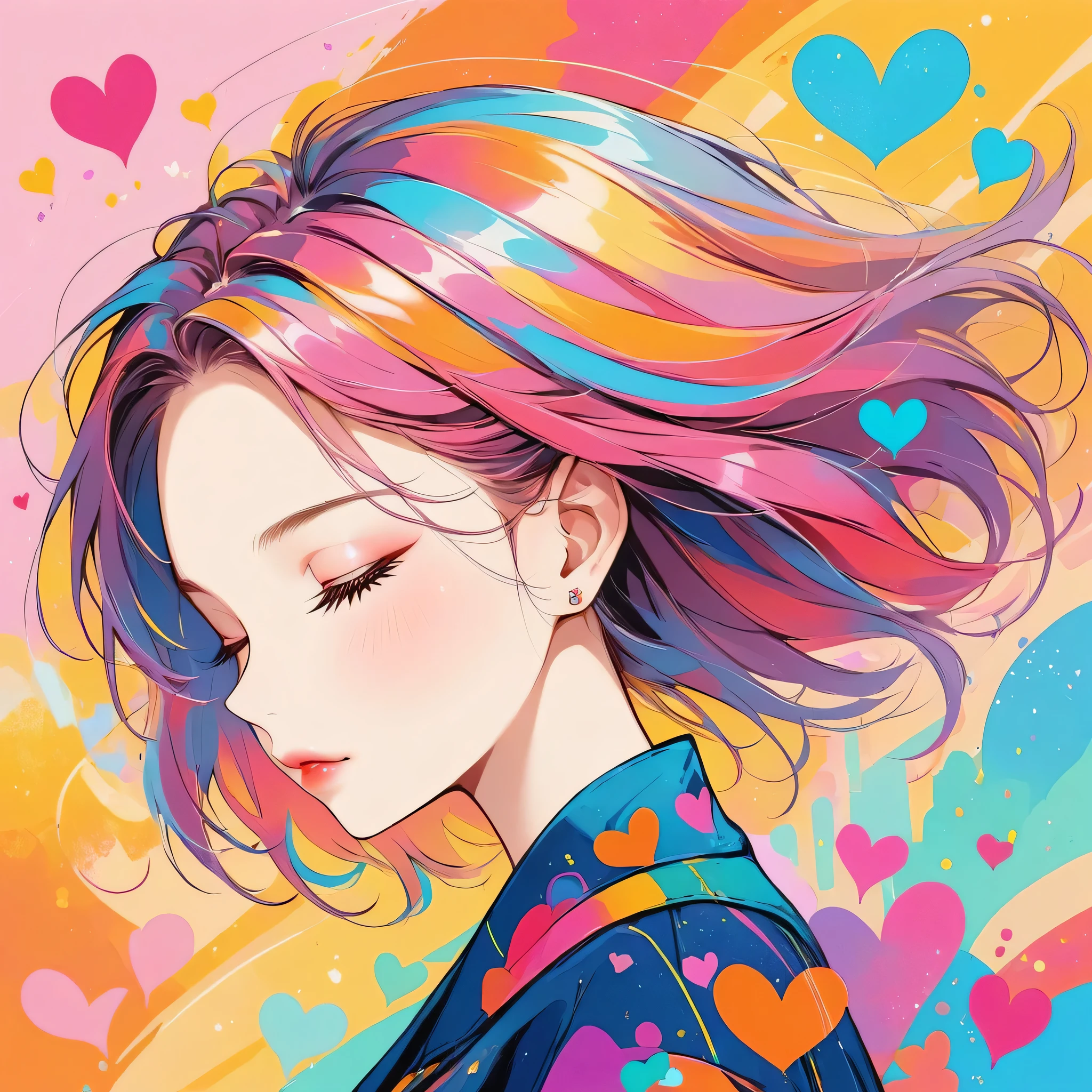 Micho colorful style, Simple Line Initialism，Abstract art，Urban Background, (((The most beautiful girl of all time))), Sweet face. Lips in love, colorful hearts, stylish design, sleeping face