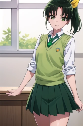 naomidorikawa, Nao Midorikawa, short hair, (Green Eyes:1.3), ponytail, Green Hair, ribbon, hair ribbon, smile,
break skirt, , tie, Rolled up my sleeves, Sweater vest, green tie, nanairogaoka middle ,Thighs、Panty shot、Skirt lifted、Cute white panties、座る
break indoors,classroom,
break looking at viewer, Dynamic pose,
break (masterpiece:1.2), Highest quality, High resolution, unity 8k wallpaper, (figure:0.8), (Beautiful attention to detail:1.6), Highly detailed face, Perfect lighting, Highly detailed CG, (Perfect hands, Perfect Anatomy),