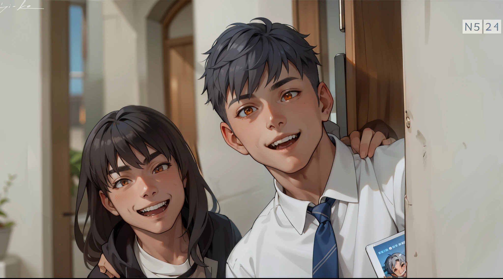  a boy and a 15 year old boy, gray hair orange eyes, They are smiling mischievously