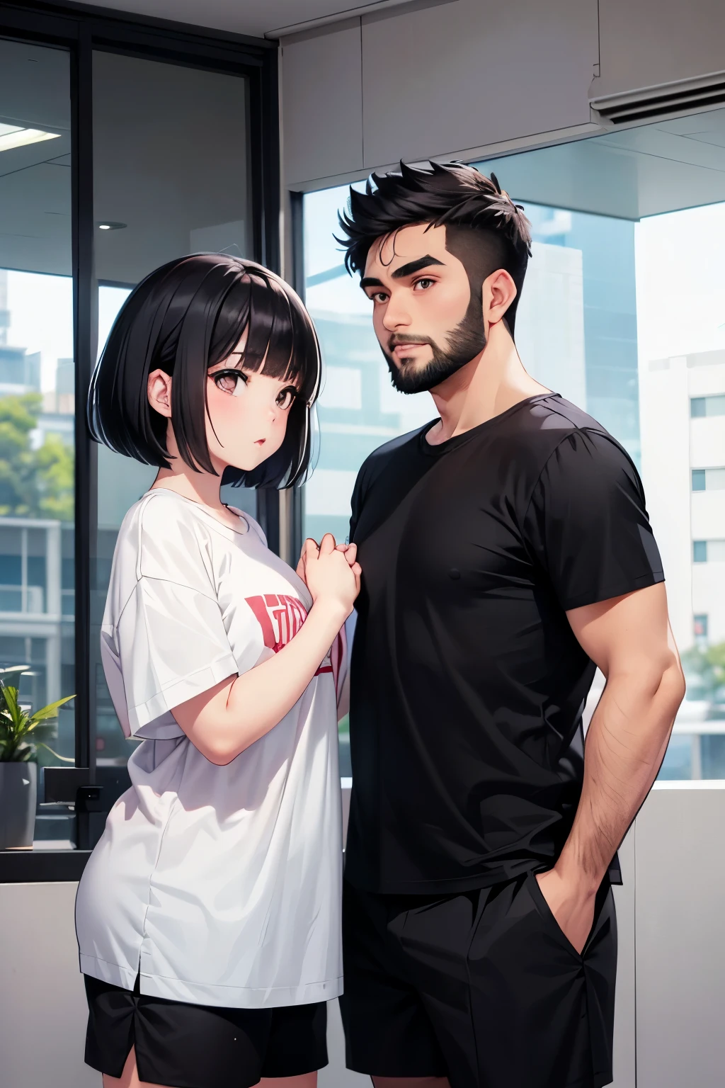 Anime Philippine girl, wearing black tshirt and shorts,short hairstyle,black hair, black eyes,round face,chubby cheeks, beautiful pink lips,medium height,girl has medium fat body, couple pose , holding hands with a tall Indian guy , slim body black hair , wearing black tshirt and white jacket, small hair beard on face ,slim body , both characters facing camera