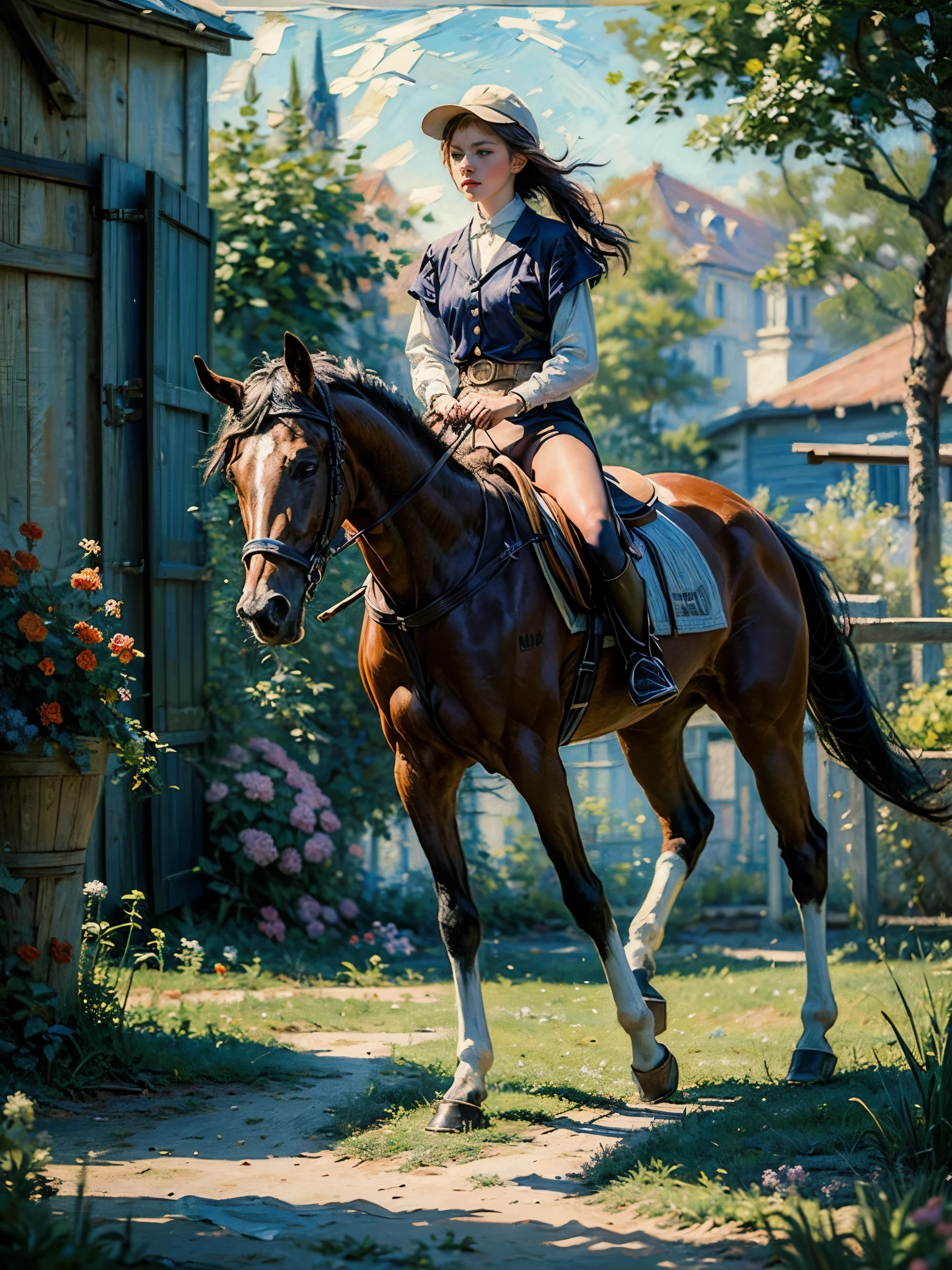 (8k, Highest quality, masterpiece),{Realistic, RAW Photos, Super Fine Clear, Portraiture, (Influenced by impressionist paintings:1.6)}, Equestrian competitions